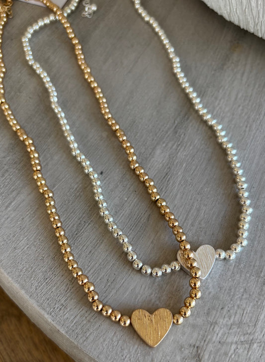 Mini Heart Beaded Necklace / Gold or Silver