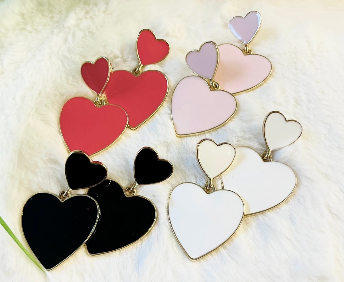 Double Heart Enamel Earrings / 4 colors