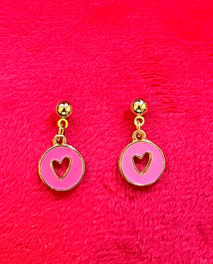 Pink Enamel Heart Cut-out Earrings