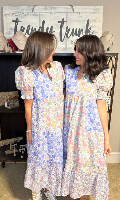 Periwinkle Mixed tiered midi dress