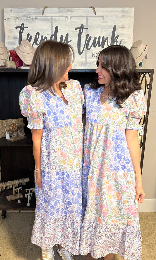 Periwinkle Mixed tiered midi dress