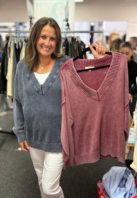 Washed V Neck Oversized Sweater/ 3 colors