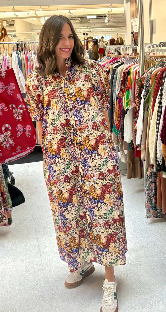 Fall Floral Cotton Poplin Midi Dress