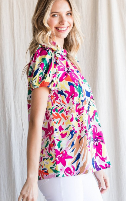 Multi Floral Frill Short Sleeve Top