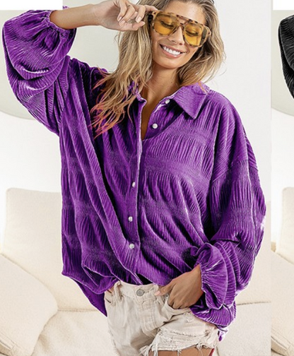 Tiered Shirring Velvet Button-up Blouse / 2 colors