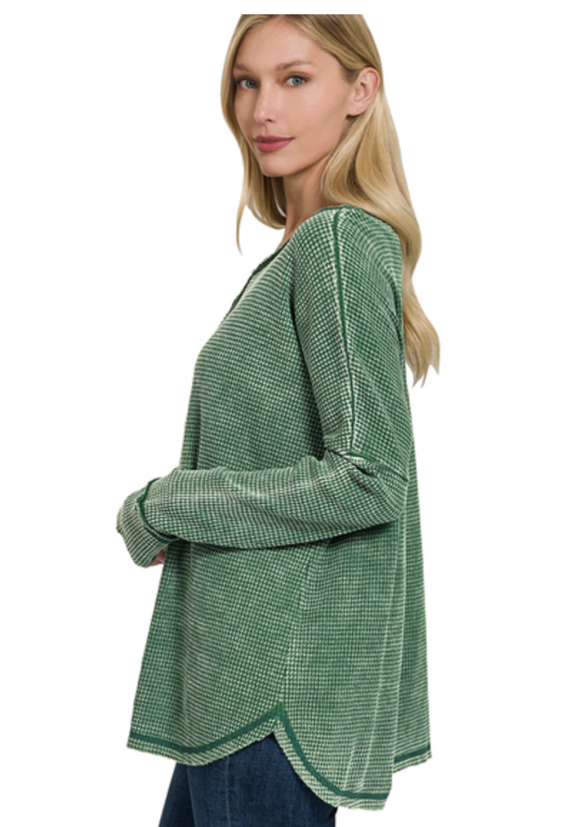 Washed Waffle Long Sleeve Cotton Top / 3 colors