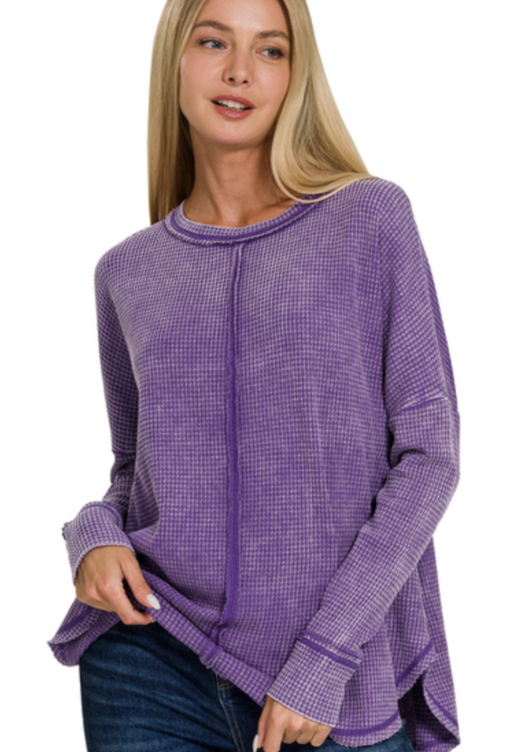 Washed Waffle Long Sleeve Cotton Top / 3 colors