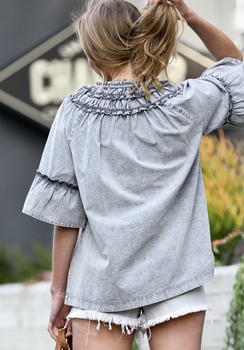 Vintage Grey washout Bell Sleeve Top