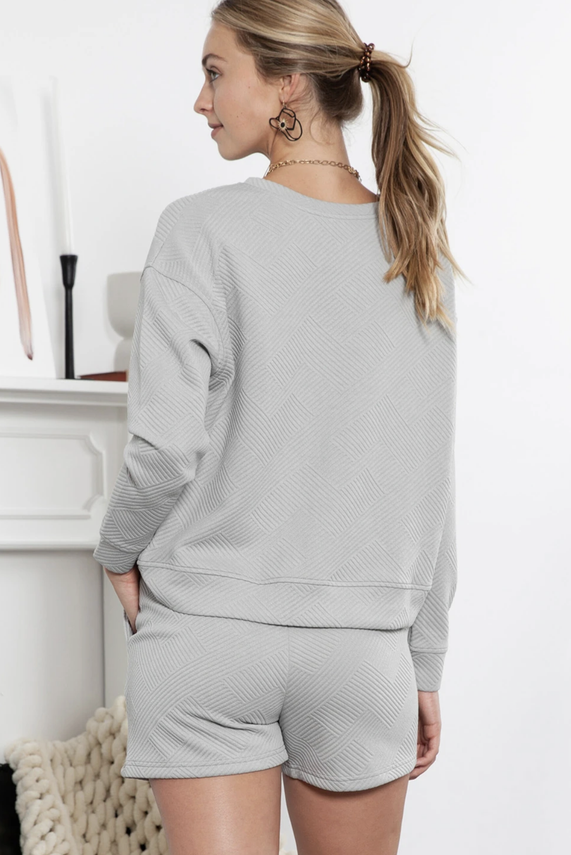 Grey Textured Long Sleeve Short Set