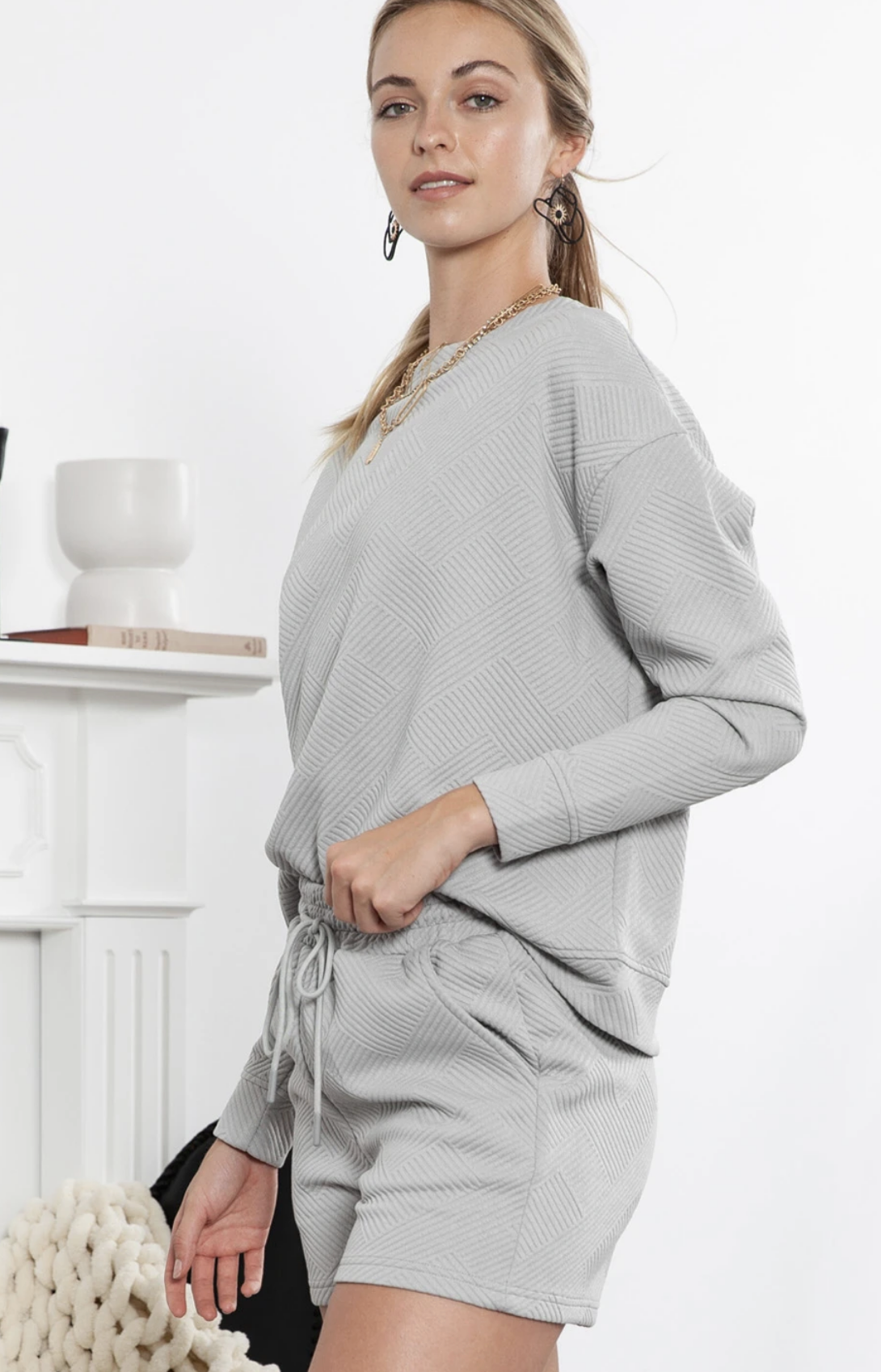 Grey Textured Long Sleeve Short Set