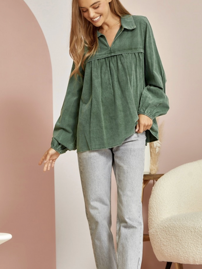 Washed Cotton Emerald Green Babydoll Top