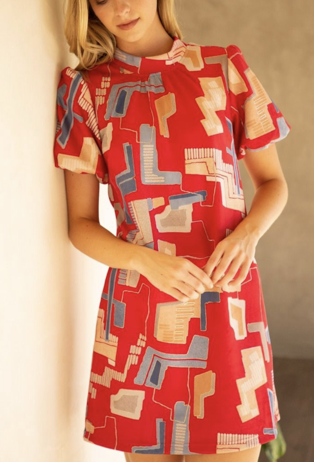 Geometric RED Print Tie Back Shift Dress