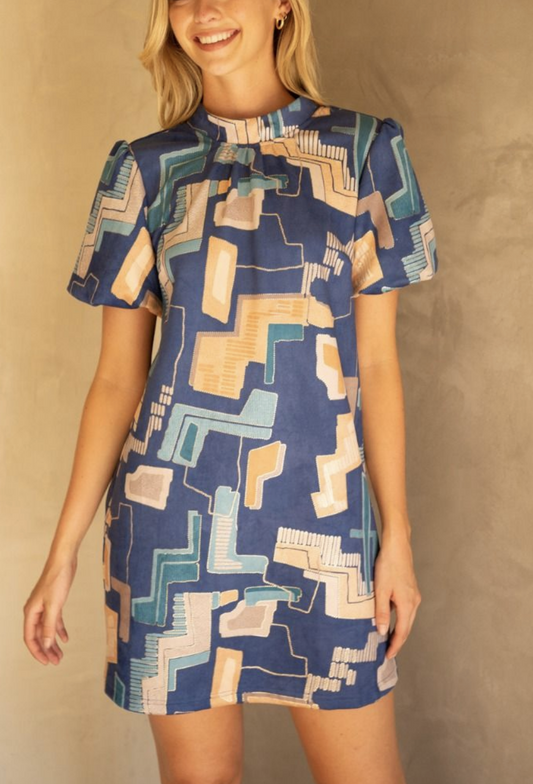 Geometric Blue Print Tie Back Shift Dress