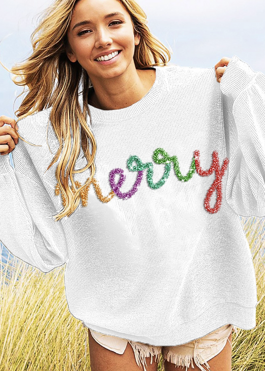 Merry MULTI Tinsel White Ribbed Pullover