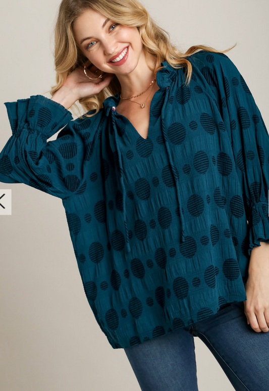Dotted Teal Jacquered V Neck Top