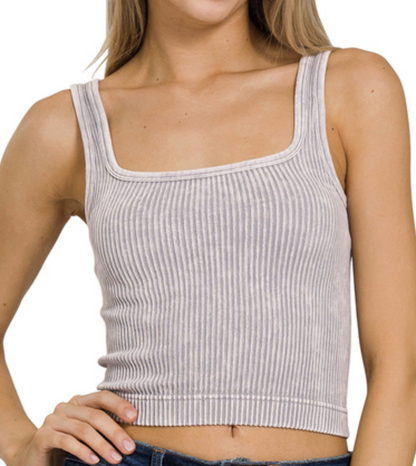 Washed Ribbed Cropped Tank - 2 way Neckline - 4 colors