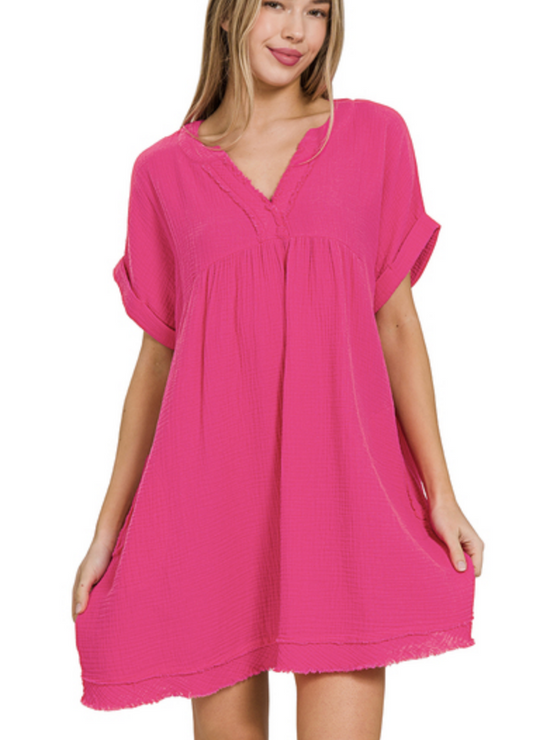 Short Sleeve Gauze V Neck Dress /2 colors