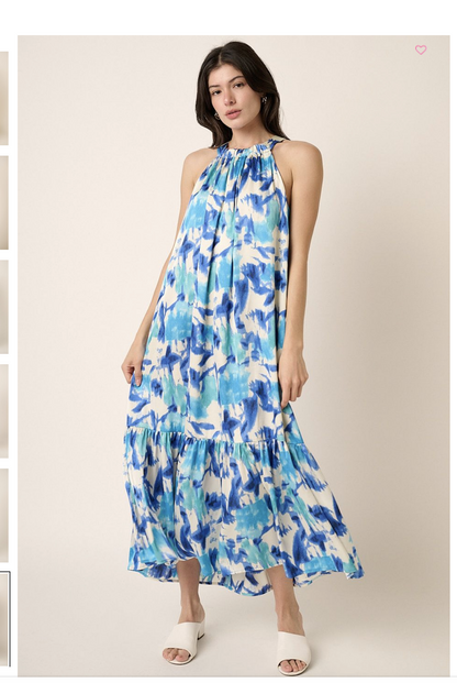 Watercolor Floral Blue Halter Maxi Dress