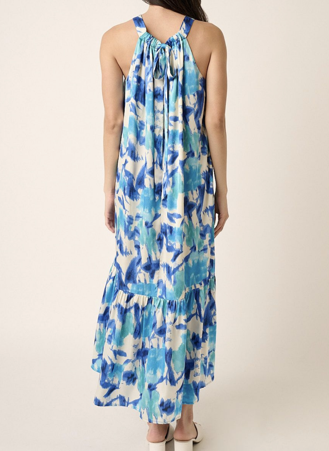 Watercolor Floral Blue Halter Maxi Dress