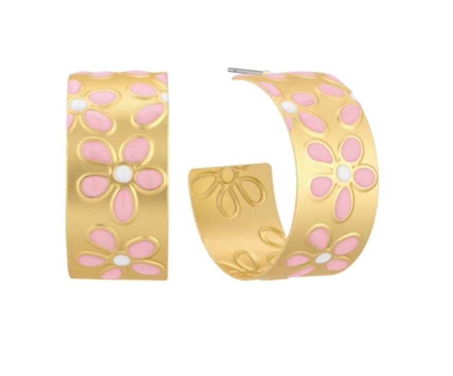 Gold Chunky Hoops Flower Accent / 2 colors