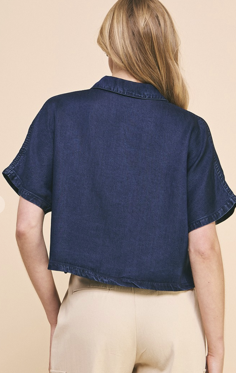 Washed Chambray Collared Cropped Top