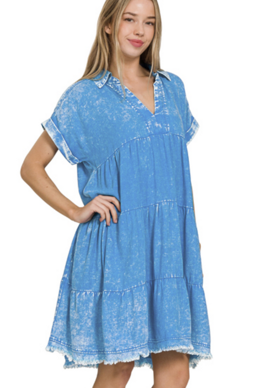 Deep Sky Tiered Washed Linen Dress
