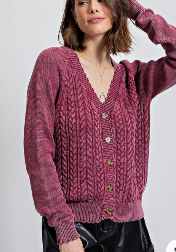 Rasberry Washed Cable Knit Cardigan