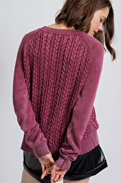 Rasberry Washed Cable Knit Cardigan