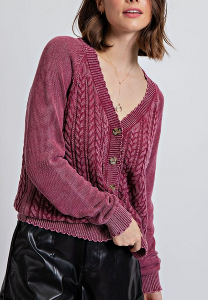 Rasberry Washed Cable Knit Cardigan