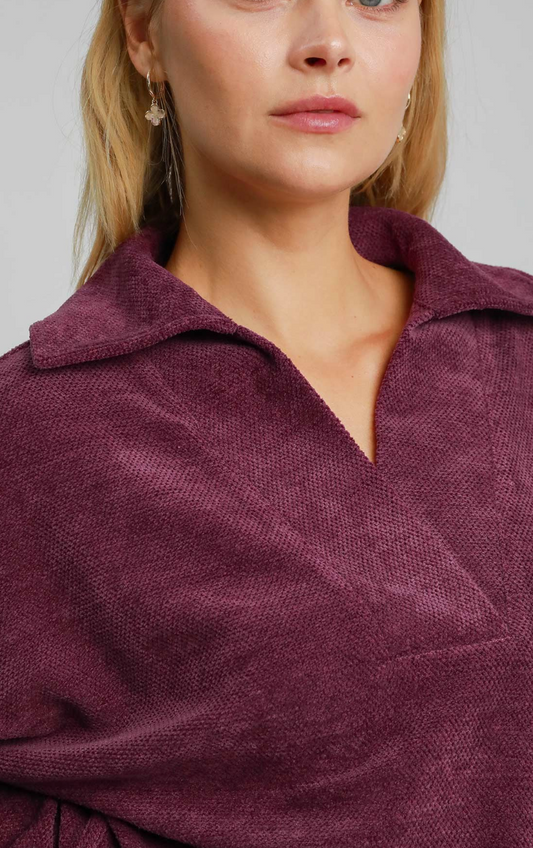Chenille V Neck Long Sleeve Pullover /  3 colors