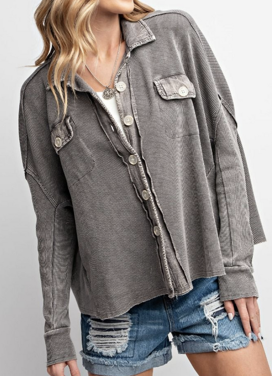 Long Sleeve Mineral washed Ash Button Down Top