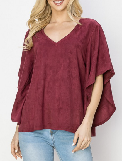 Aeris Wine Stretch Suede Top