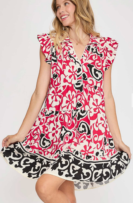 Abstract Border Print Mini Dress