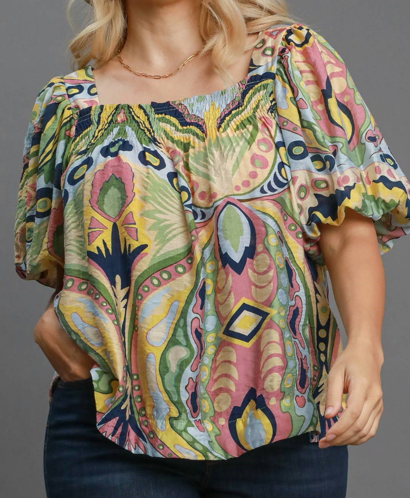 Abstract Print Smocked Cotton Top