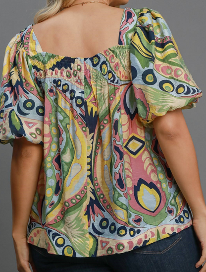 Abstract Print Smocked Cotton Top