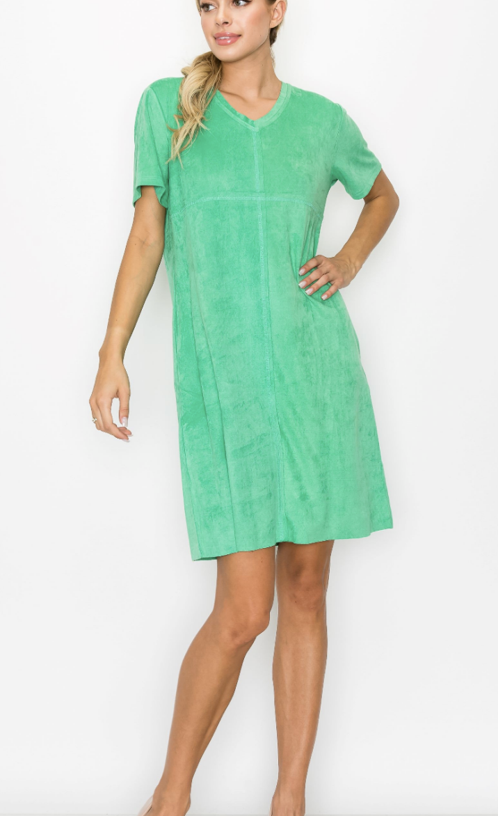 Audrey V Neck Suede Short Sleeve Dress /6 colors Green / M