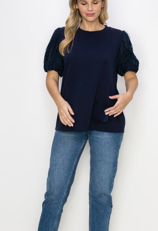 Navy Ponte Knit Lace sleeve T Shirt