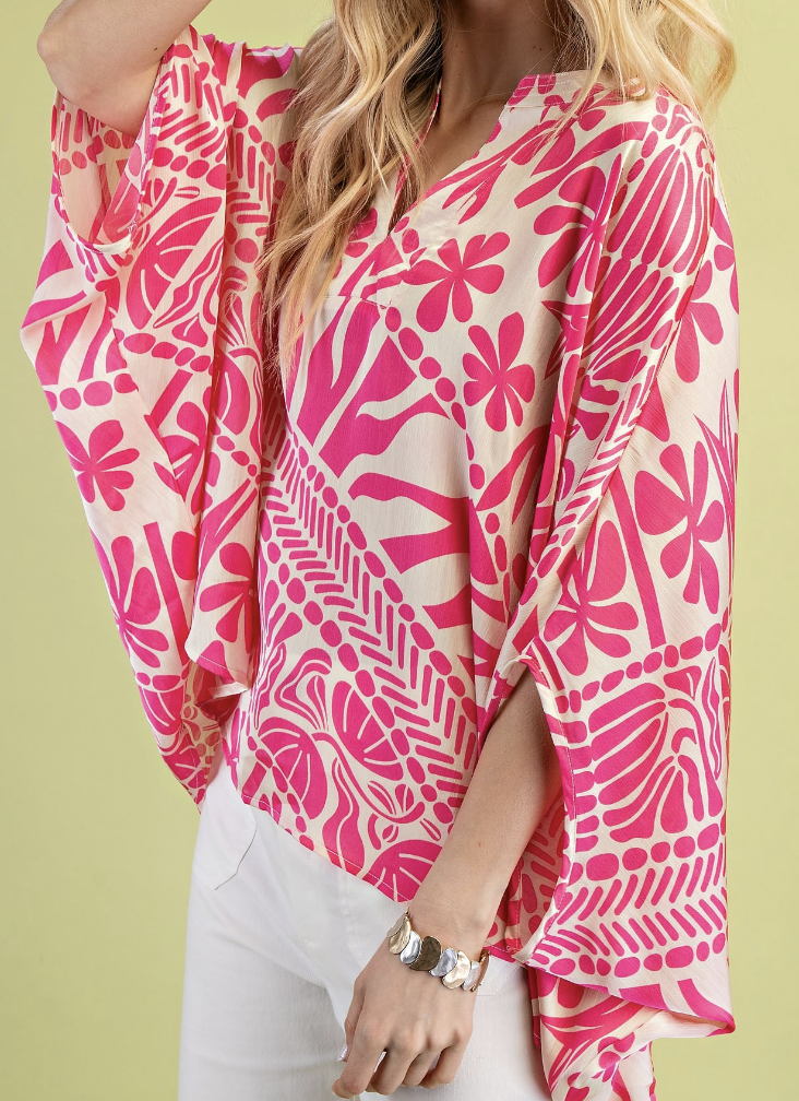 Bold Print Silky V Neck Dolman Sleeve Top / 2 colors