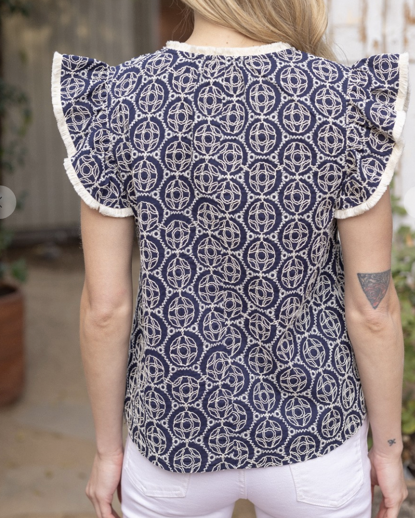 Navy Embroidered Kaleidoscope Short Sleeve Ruffle Top