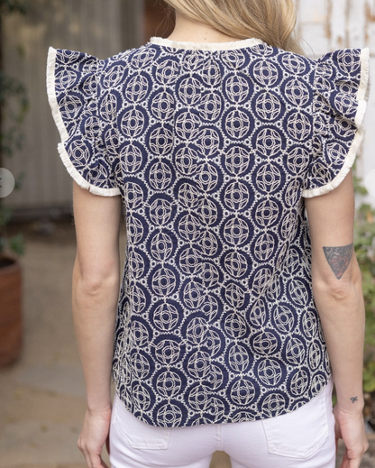 Navy Embroidered Kaleidoscope Short Sleeve Ruffle Top