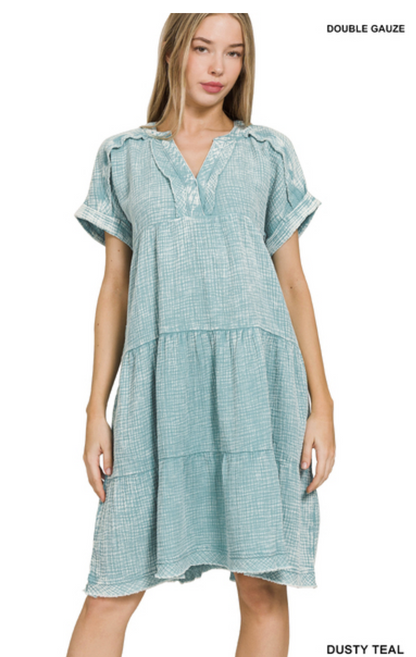 Washed Gauze Cotton V Neck Short Sleeve Dress / 2 colors