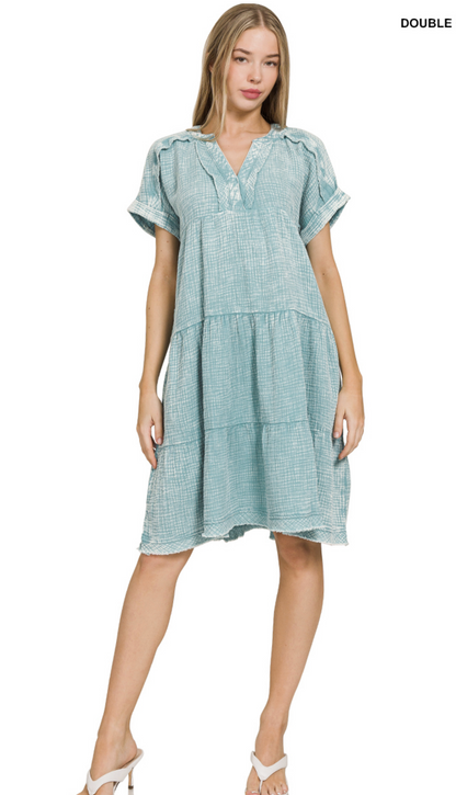 Washed Gauze Cotton V Neck Short Sleeve Dress / 2 colors