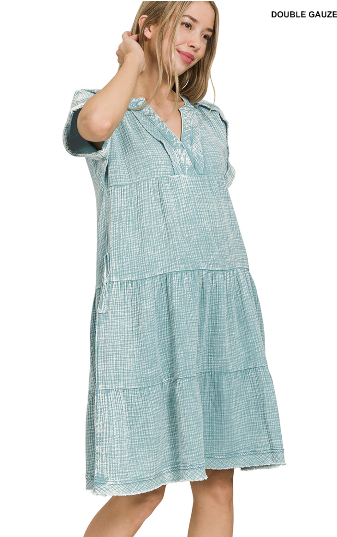 Washed Gauze Cotton V Neck Short Sleeve Dress / 2 colors