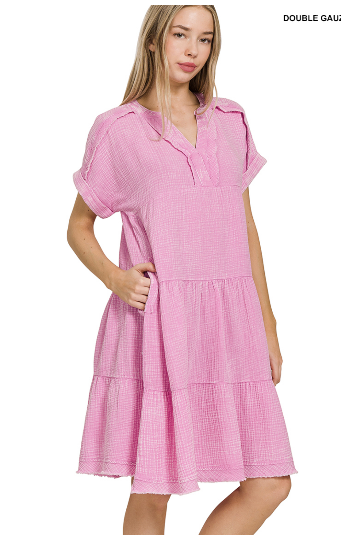 Washed Gauze Cotton V Neck Short Sleeve Dress / 2 colors