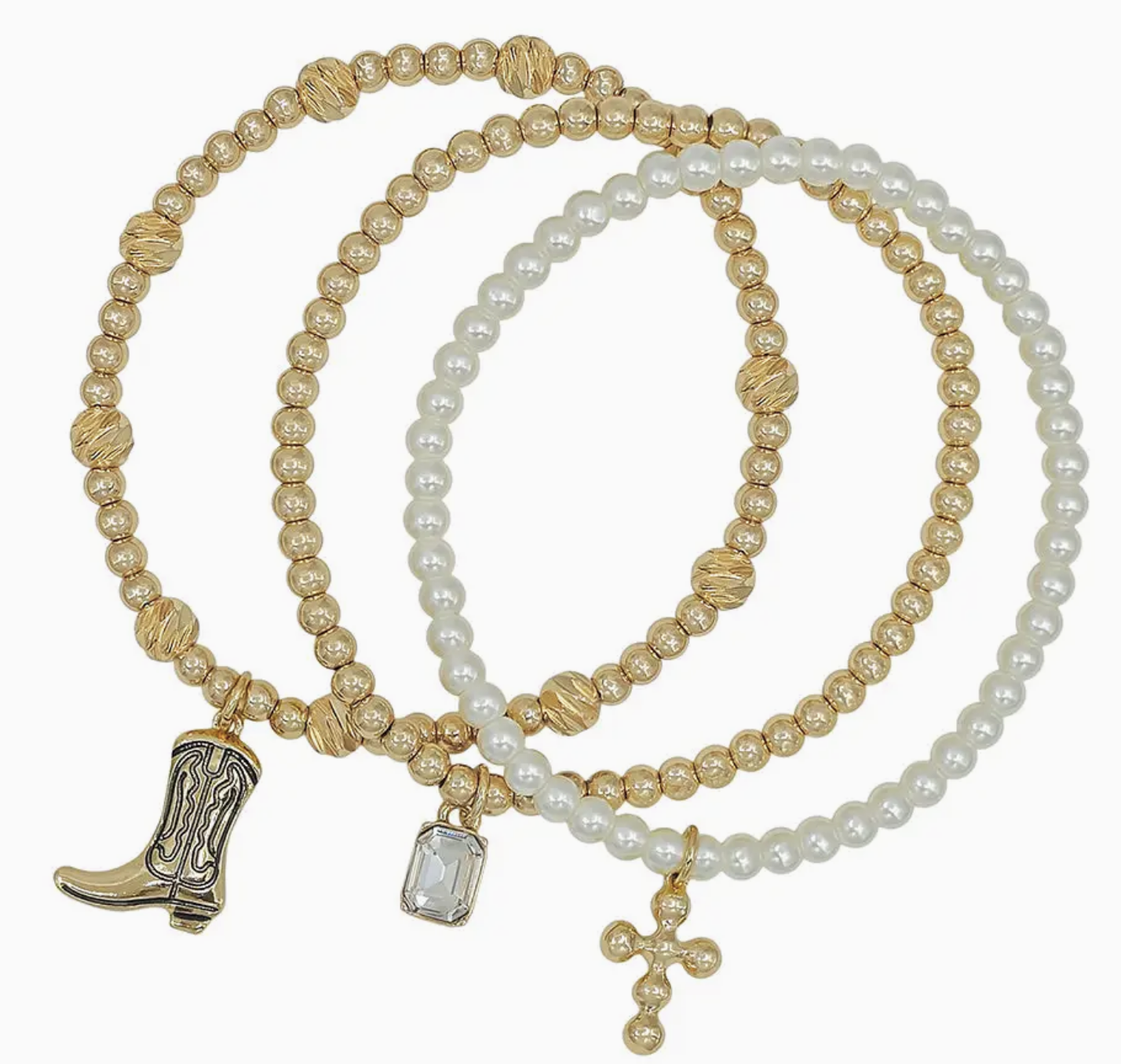 Water Resistant Set of 3 Pearl and Cowboy Charm Stretch Bracelets