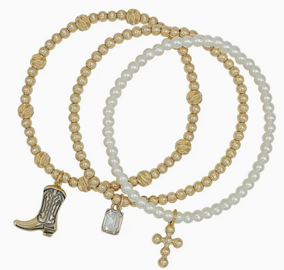 Water Resistant Set of 3 Pearl and Cowboy Charm Stretch Bracelets
