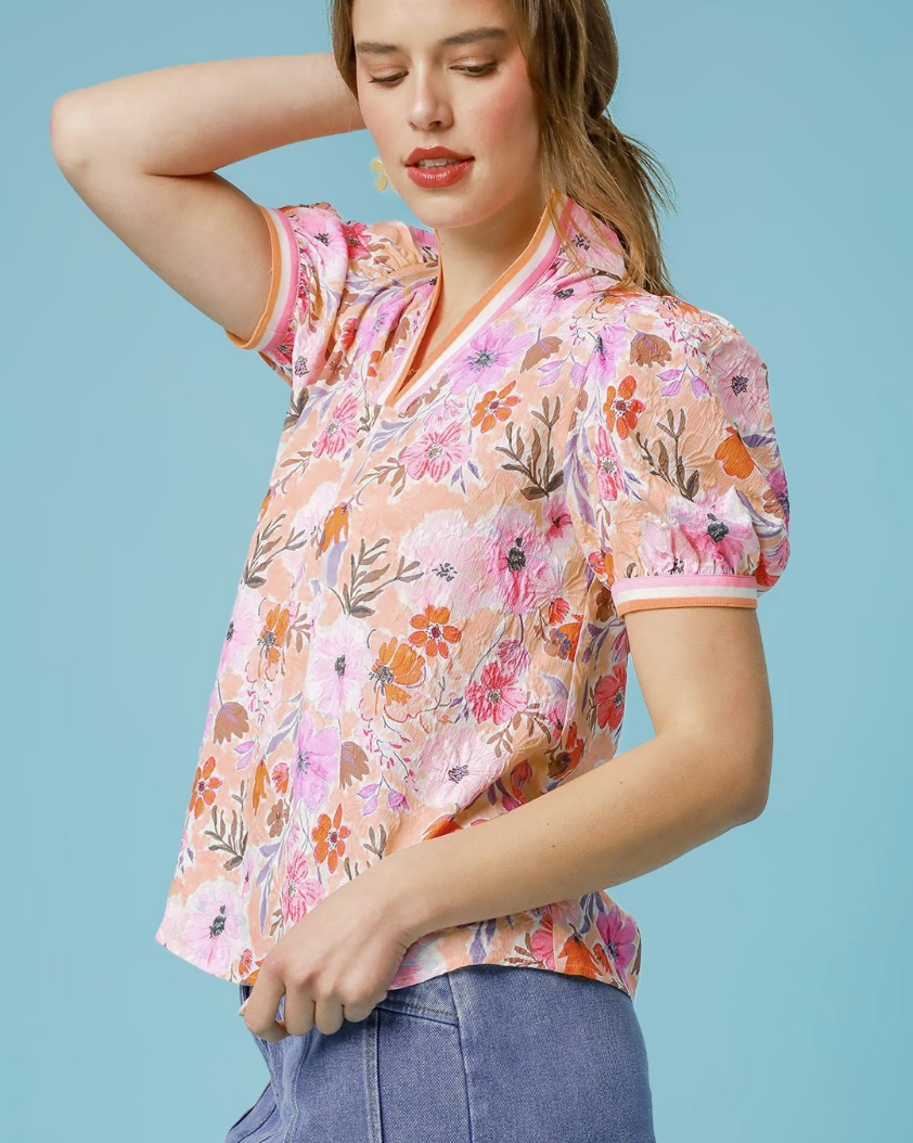 Floral High-Collar Split Neck Blouse