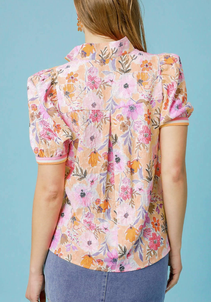 Floral High-Collar Split Neck Blouse
