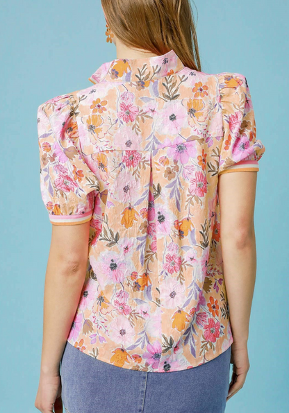 Floral High-Collar Split Neck Blouse