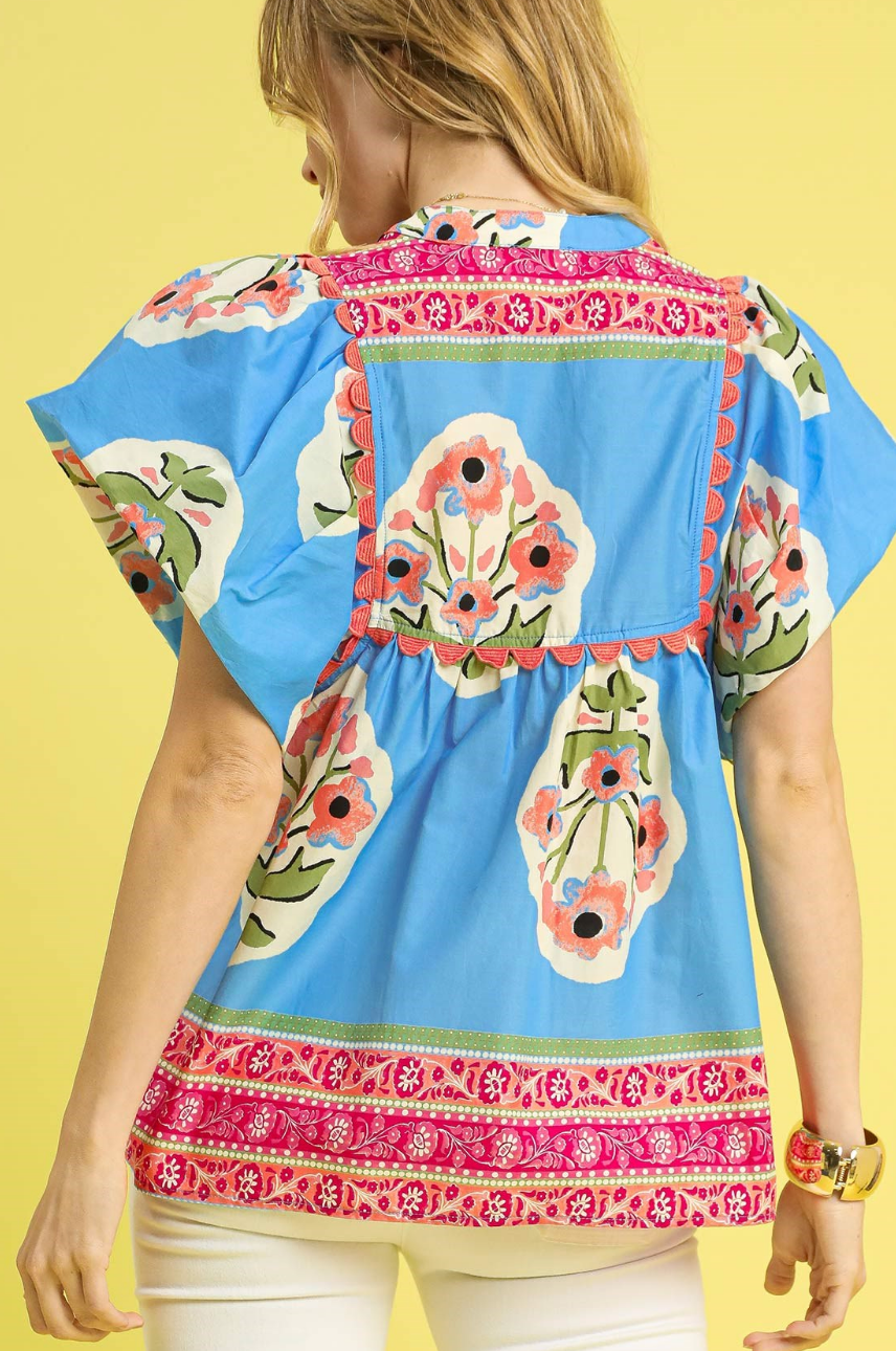 BLUE Floral Border Embroidered Blouse